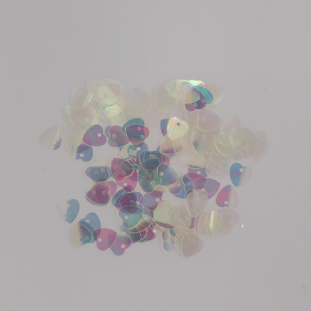 Palietter, hjerte, 10x10mm, transparent med regnbueskær, 10-40g