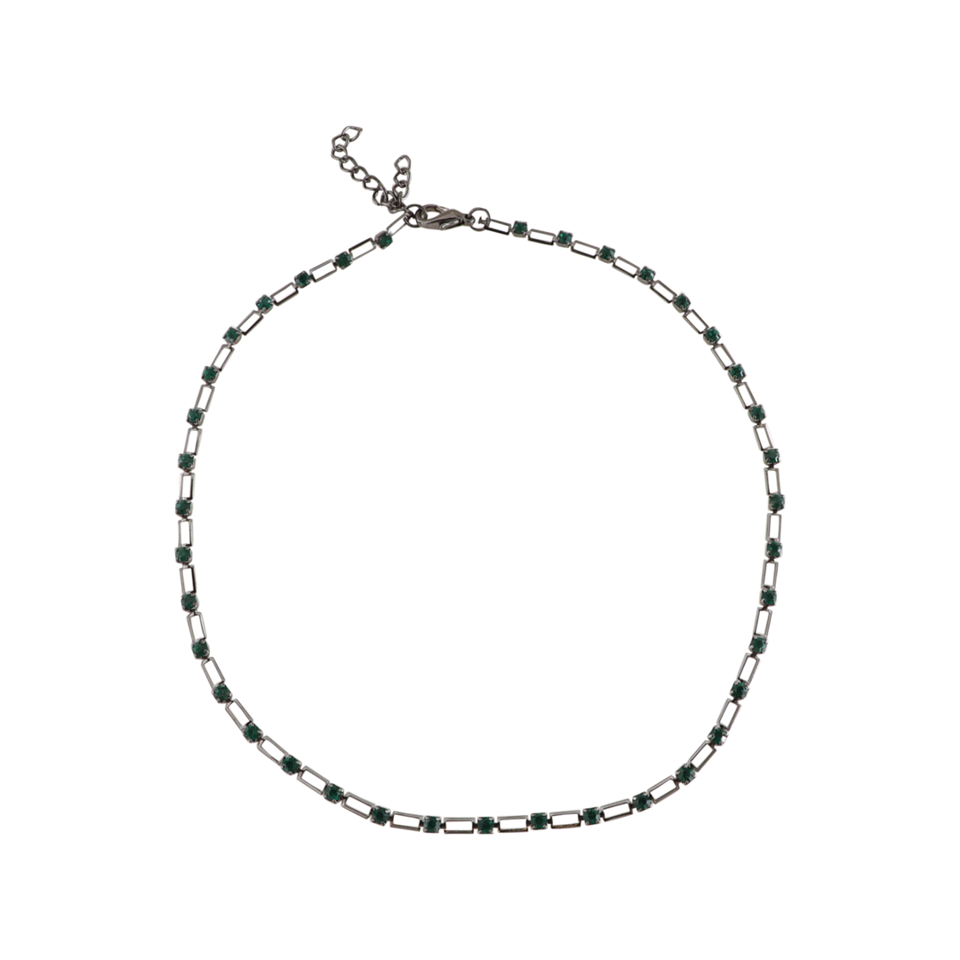 Halskæde, firkantede led m. similisten, grøn, oxideret messing, 41-45 cm