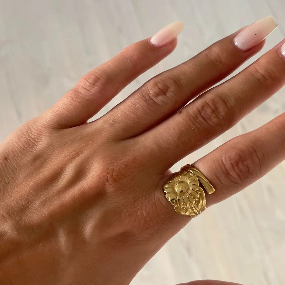 Fingerring solsikke forgyldt sølv og sterlingsølv Beadhouse of Copenhagen