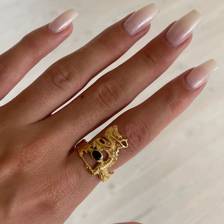 Fingerring drage i sterlingsølv og forgyldt sterlingsølv med turkis og onyx Beadhouse of Copenhagen