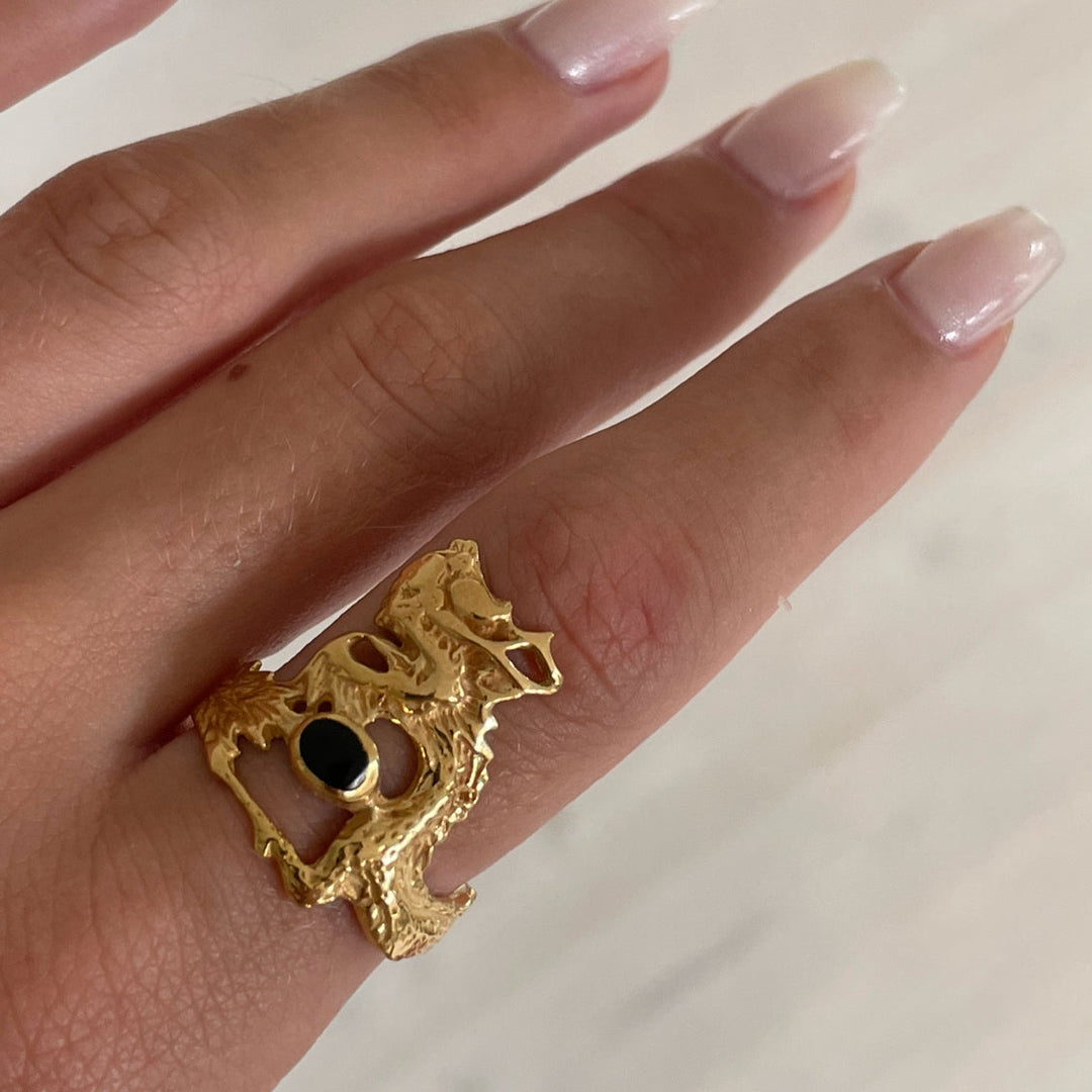 Fingerring drage i sterlingsølv og forgyldt sterlingsølv med turkis og onyx Beadhouse of Copenhagen