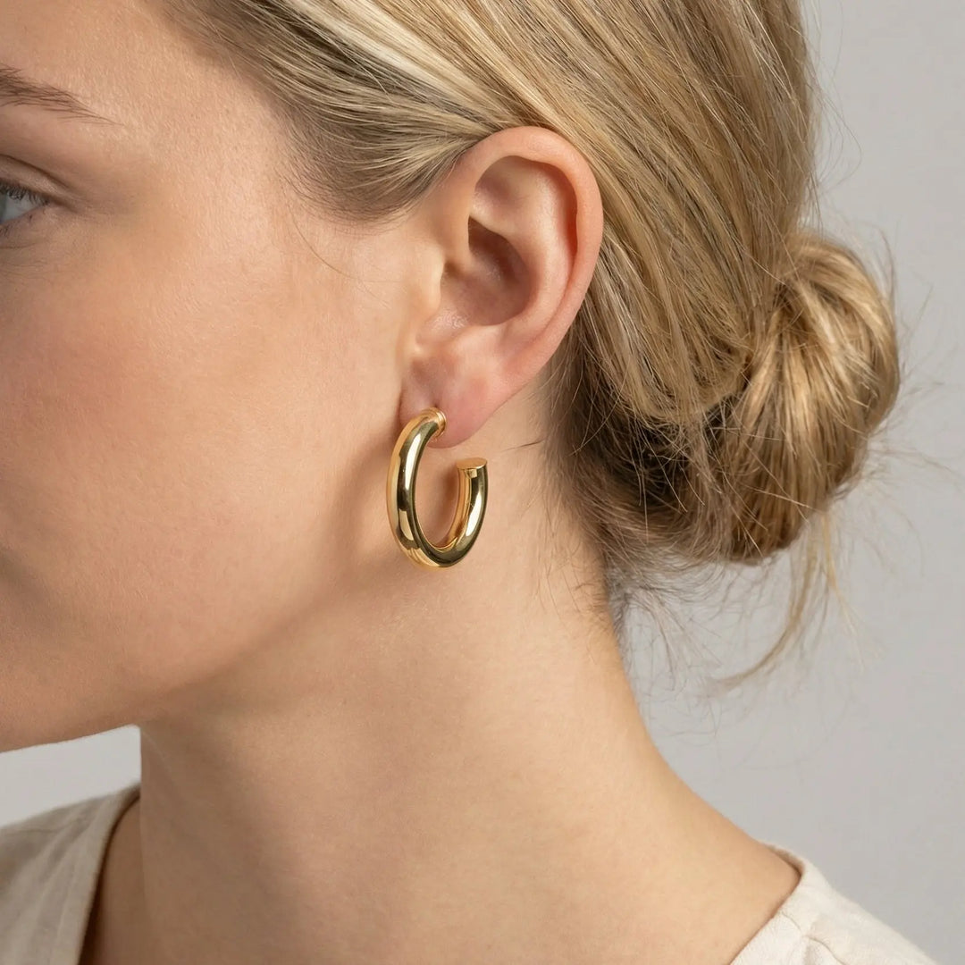 Øreringe, chunky hoops, 30x 6mm i forgyldt og forsølvet messing 
