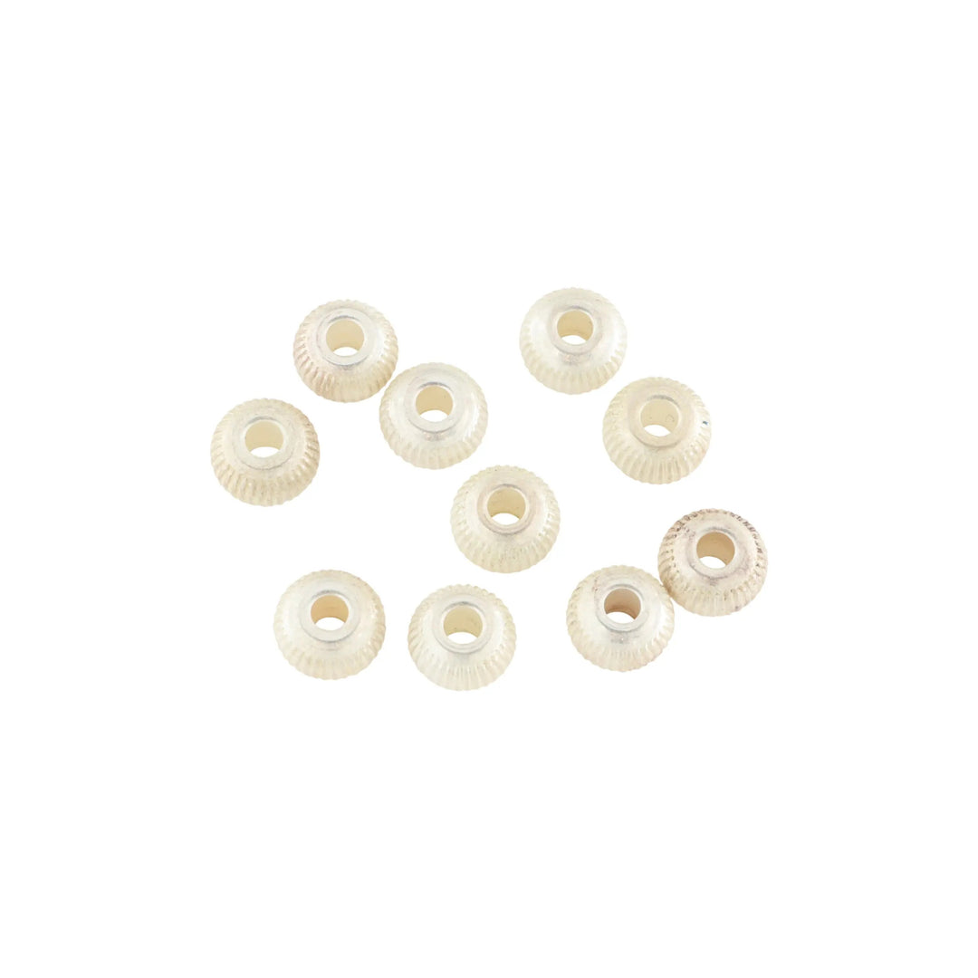 Metalperler, rund rillet, forsølvet messing, 10x7,5 mm, 10-100 stk BOC