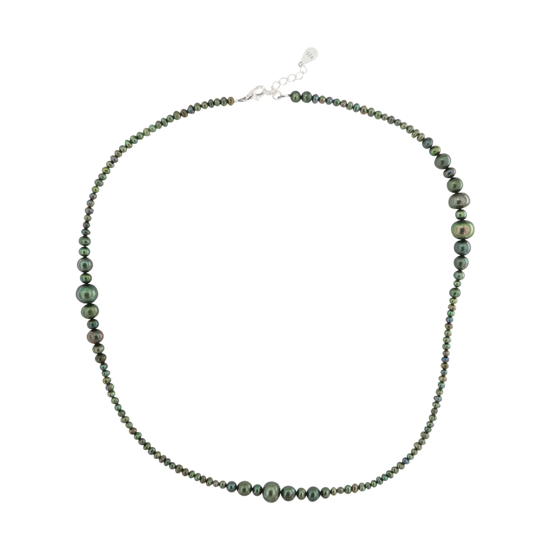 Halskæde, grønne ferskvandsperler, sterlingsølv, 40-50cm BOC