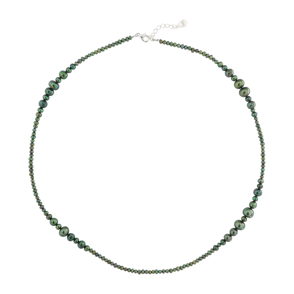 Halskæde, grønne ferskvandsperler, sterlingsølv, 40-50cm BOC