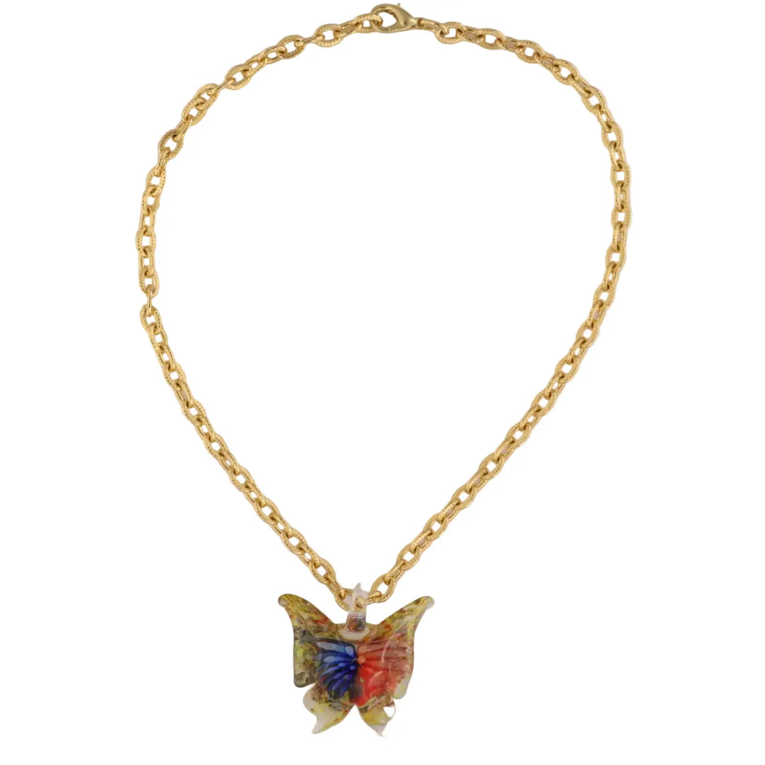 Halskette, blauer/korallenroter Schmetterling an Kette, vergoldetes Aluminium/handgefertigtes Glas 
