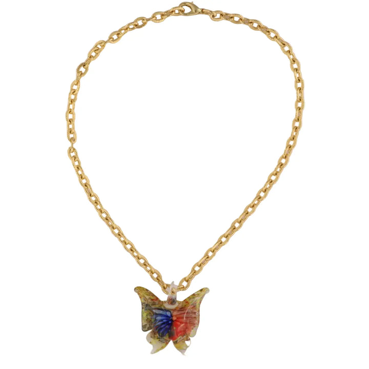 Halskette, blauer/korallenroter Schmetterling an Kette, vergoldetes Aluminium/handgefertigtes Glas 