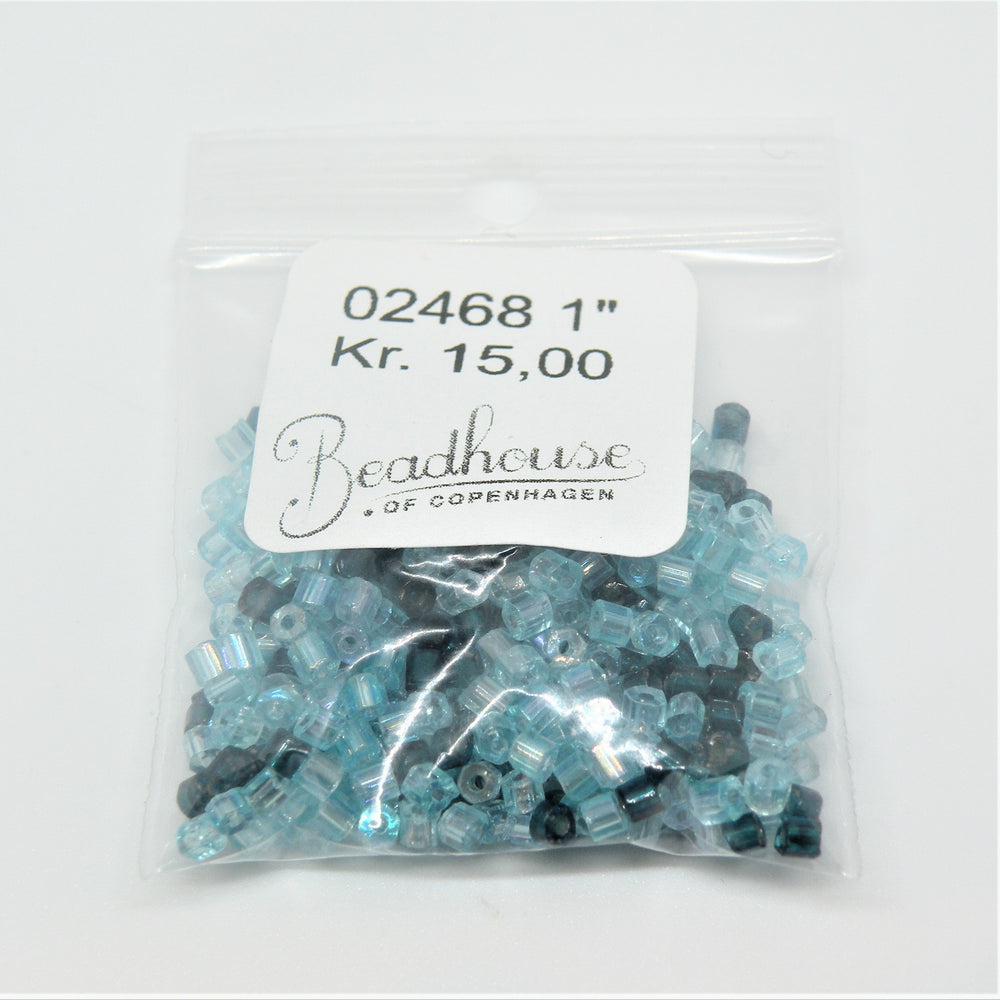 Find Blå glasperler, preciosa cut bugles, transparent blue mix, 2 mm hos Beadhouse of Copenhagen i dag, med en altid hurtig levering!