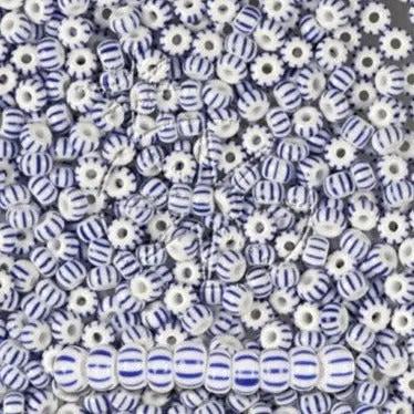 Stribede glasperler, preciosa, hvid/blå tæt stribet, storkøb Preciosa