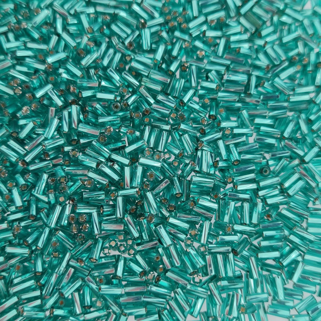 Blå glasperler, preciosa cut bugles, silverlined blue-green, 4,6 mm Preciosa BOC