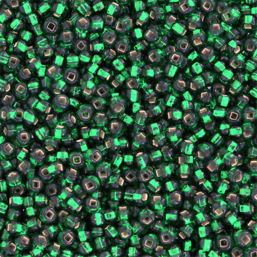Grønne glasperler, preciosa, silverlined dark green, storkøb Preciosa