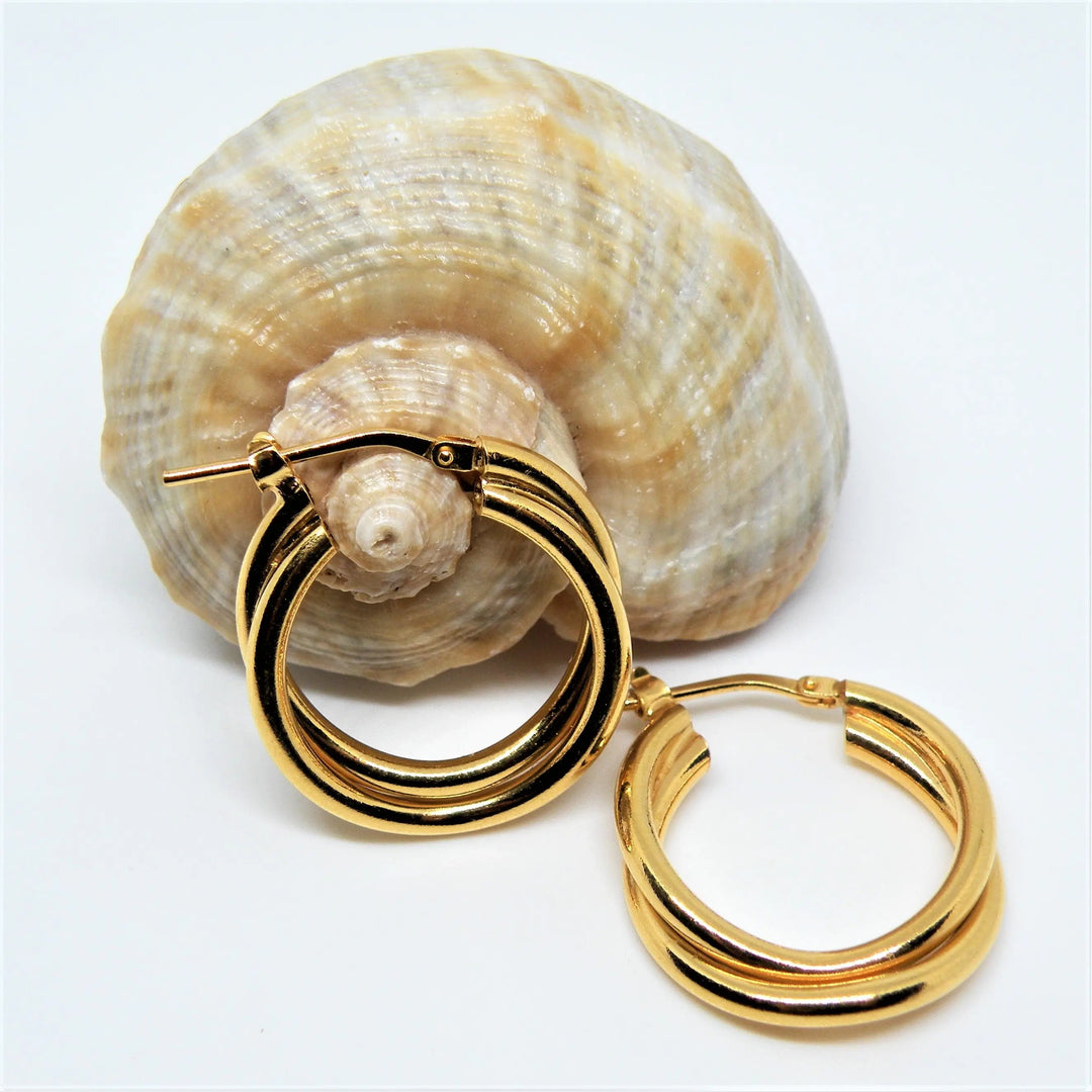 Øreringe, chunky dobbelte hoops, forgyldt sterlingsølv, 15-21mm Italy