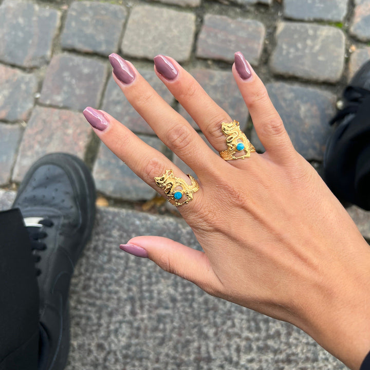 Fingerring drage i sterlingsølv og forgyldt sterlingsølv med turkis og onyx Beadhouse of Copenhagen