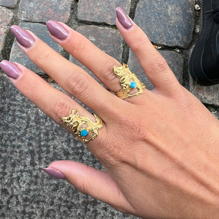 Fingerring drage i sterlingsølv og forgyldt sterlingsølv med turkis og onyx Beadhouse of Copenhagen