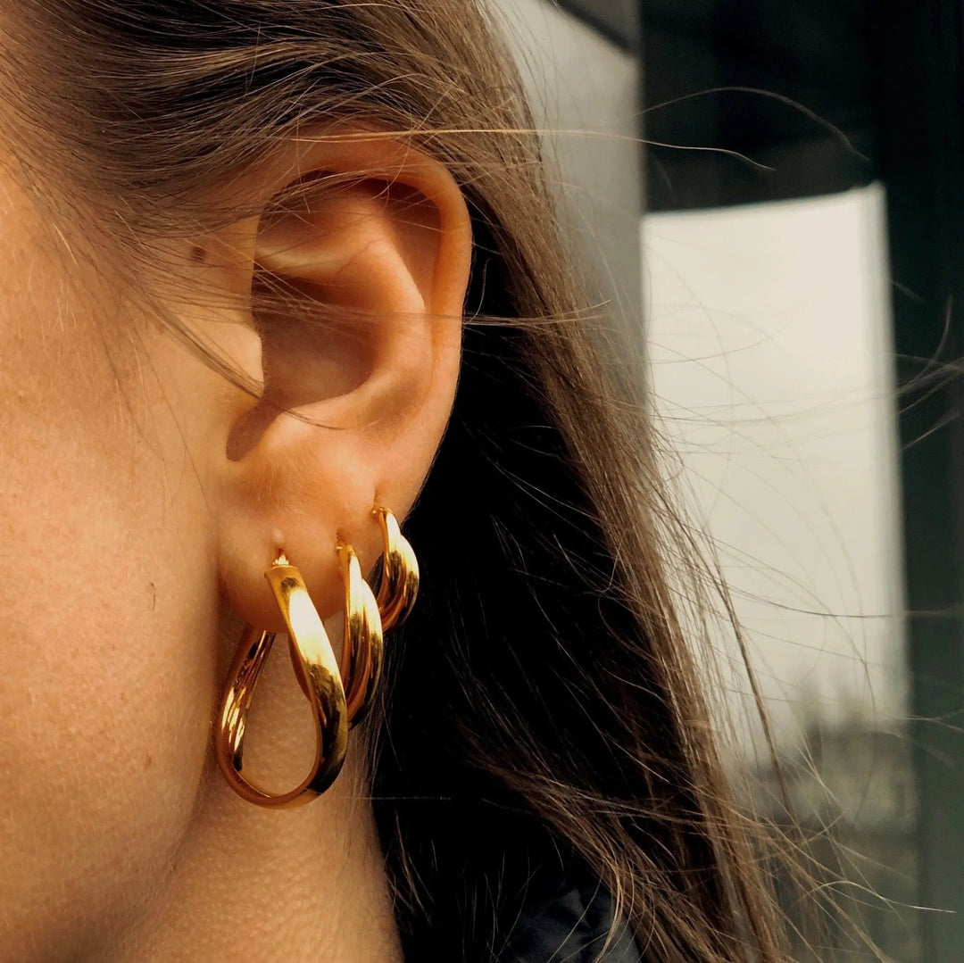 Øreringe, chunky dobbelte hoops, forgyldt sterlingsølv, 15-21mm Italy