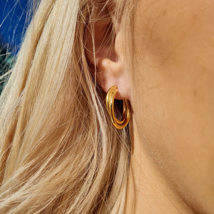 Øreringe, chunky dobbelte hoops, forgyldt sterlingsølv, 15-21mm Italy